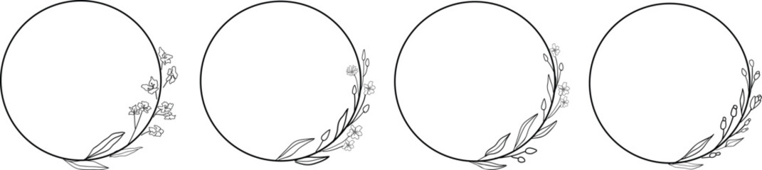 Beautiful line art flower frames set. Hand drawn botanical vector set. Trendy floral wildflowers and decoration round set.