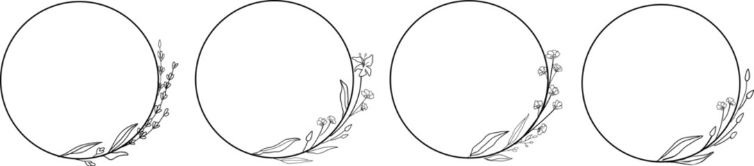 Botanical decorative border and divider design. Beautiful line art flower frames set. Hand drawn botanical vector set. Trendy floral wildflowers and decoration round set.