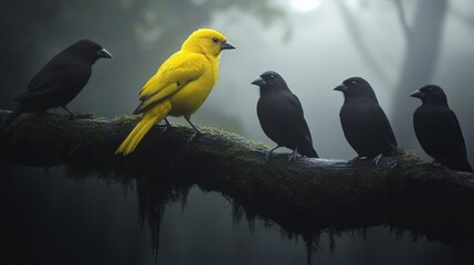 A bright yellow bird stands out among black birds on a misty branch in a serene forest.