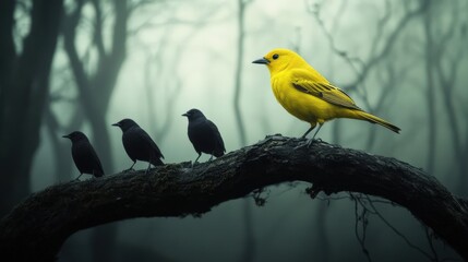 Fototapeta premium A Bright Yellow Bird Stands Out Among Dark Birds on a Branch in a Misty Forest