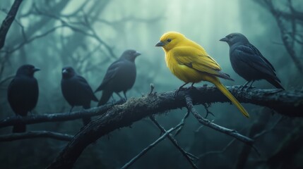 Fototapeta premium A bright yellow bird stands out among dark silhouettes in a misty forest. Nature highlights beauty and uniqueness in wildlife.