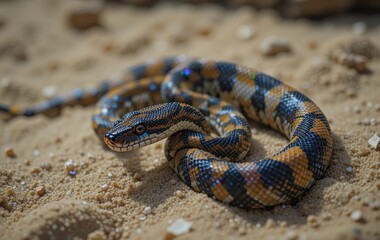 Fototapeta premium A close-up of a python snake slithering in the sand with colorful patches on its skin