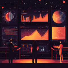 Obraz premium Data visualization tools showcase interactive analytics futuristic setting. scene features three individuals analyzing vibrant graphs and charts against cosmic backdrop, evoking sense of