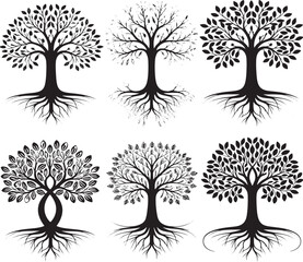 Obraz premium Tree Silhouette Illustrations With Roots And Leaves