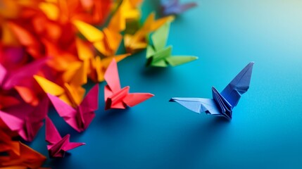 A vibrant array of colorful origami cranes, with a blue crane prominently displayed, symbolizing creativity and art.