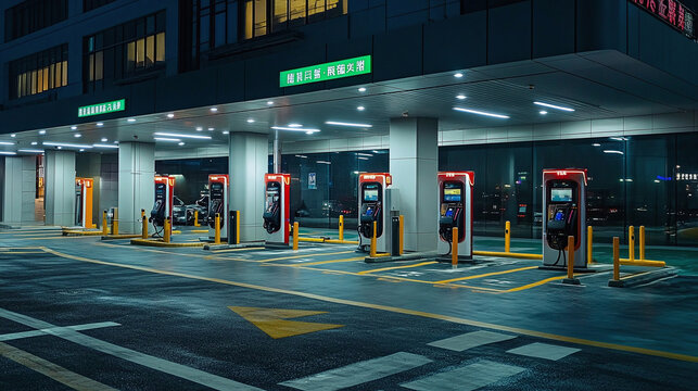 Modern electric vehicle charging stations in urban China highlight innovation and sustainable growth