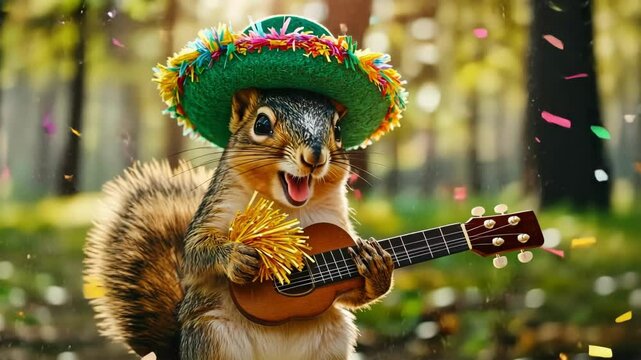 Squirrel wearing colorful hat playing ukulele in a festive forest celebration Happy Cinco de mayo