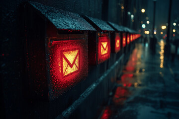 An email inbox flooded with spam messages and fake security warnings. Bright lighting, contrast