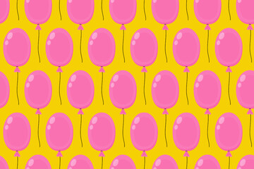 Colorful pink balloons create a cheerful pattern on a bright yellow background