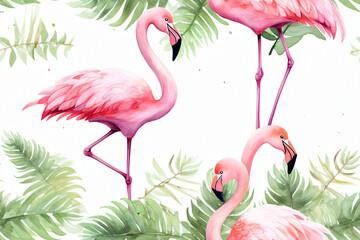 Naklejka premium Pink Flamingos in Watercolor Tropical Leaves Seamless Pattern