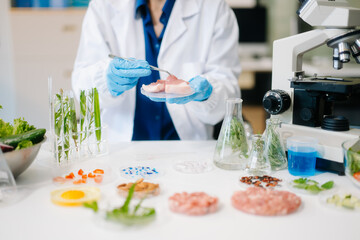 Fototapeta premium Food science as lab scientists test and analyze vegetables for safety and quality using advanced technology