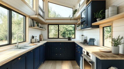 Modern tiny house kitchen with navy blue cabinets, wood countertops, and ample natural light.