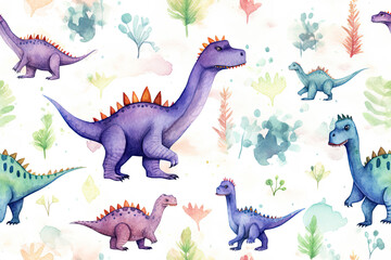 Obraz premium Watercolor Dinosaurs Seamless Pattern for Kids Fabric
