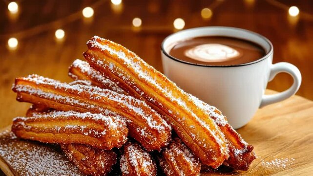 Golden crispy churros with hot chocolate and powdered sugar dusting Happy Cinco de mayo