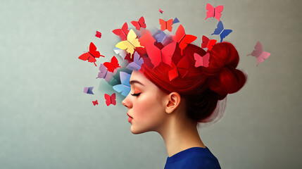 Redhead woman showing freedom and imagination with colorful butterflies
