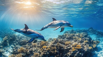 Naklejka premium Two playful dolphins swimming gracefully above colorful coral reefs in bright blue waters with sun rays shining through.