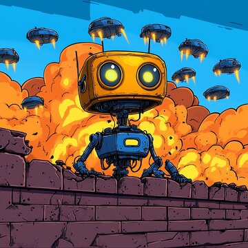 pixel art scene of an AI robot defending a pixelated base from waves of alien attackers