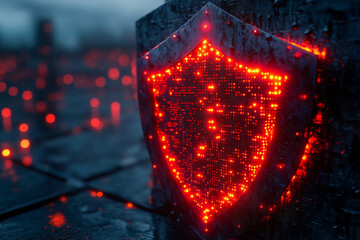 A shield with a glowing firewall pattern protecting a cloud data center. Bright lighting, contrast