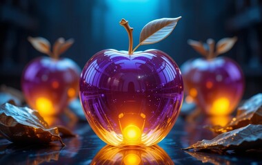 A glass apple with a golden stem and leaf, glowing with purple and yellow hues in a dimly lit...