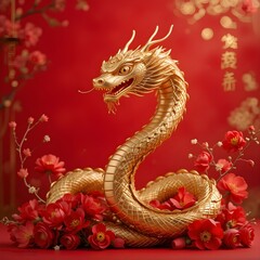 Obraz premium A chinese dragon with a red background with chinese.Majestic Chinese Dragon on Vibrant Red Background.