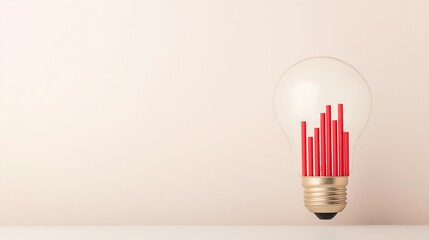 light bulb with red bar graph inside on beige background with ample copy space, concept for business ideas and technology