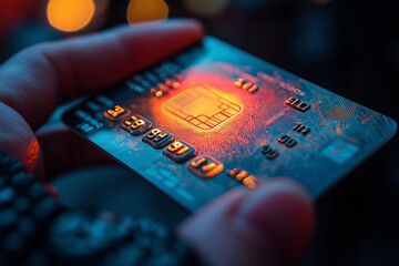 A credit card being scanned remotely by an RFID skimmer held by an unknown person. Bright lighting, contrast