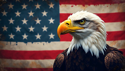 Naklejka premium Close-up Bald Eagle Profile in front of the American Flag. A close-up profile of a majestic bald eagle set against a backdrop of the American flag