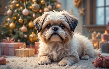 A shi tzu dog sitting in front of a Christmas tree with dreamy, pastel-toned decorations