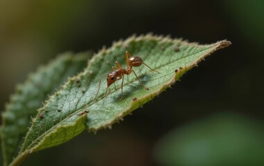 A close-up photo of an ant biting a leaf in a natural setting