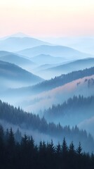 A breathtaking view of layered mountains in the early morning haze, showcasing a serene blend of blue tones and soft light, creating a tranquil atmosphere.