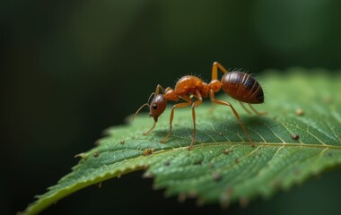 A close-up photo of an ant biting a leaf in a natural setting