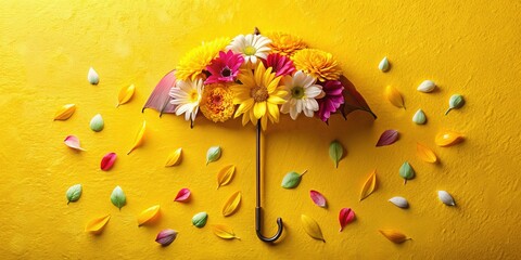 Fototapeta premium Floral Umbrella Greeting Card: Colorful Yellow Background with Flower Rain