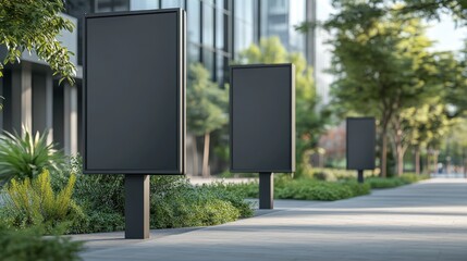 Fototapeta premium Empty outdoor signage stands along a modern business walkway with greenery highlighting the urban environment and showcasing advertising opportunities