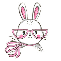 An adorable bunny wearing oversized pink glasses and a striped scarf. The playful and stylish design with pink details
