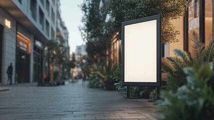 Empty Outdoor Business Signage in Urban Setting with Plant Life and Architecture, Ideal for Advertising and Promotion, Fresh City Vibes