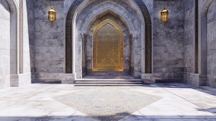 Obraz premium Ornate Palace Entrance Sunlit Courtyard, Islamic Architecture, Prayer Rug