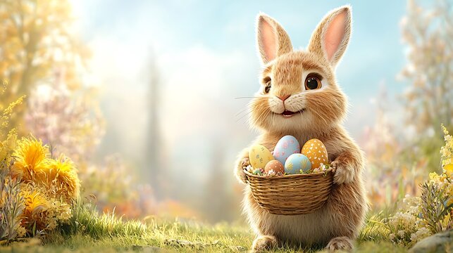 Joyful easter day celebration in an enchanted garden with pastel eggs and an animated bunny