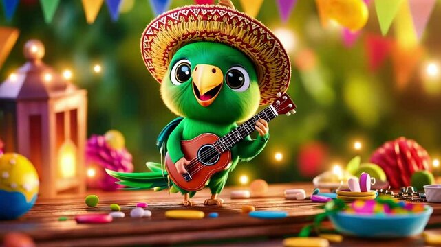 Colorful parrot playing guitar at vibrant fiesta celebration Happy Cinco de mayo