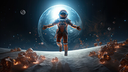Obraz premium Astronaut Floating Above Lunar Surface with Glowing Earth in Background