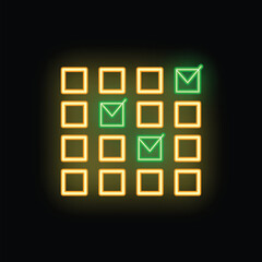 Neon green check mark icons illuminating a grid of yellow checkboxes on a black background