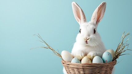 Obraz premium Easter day celebration cute bunny with pastel tone easter eggs in a basket