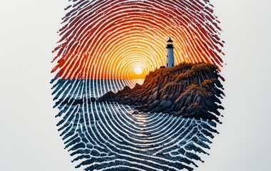 A fingerprint transformed into a landscape with a lighthouse on a rocky shoreline at sunrise