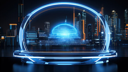 Futuristic Cityscape at Night with Glowing Digital Globe