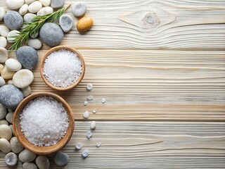Spa Treatment Ingredients: Sea Pebbles, Sea Salt, Light Wood Flat Lay