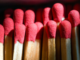 Close-up of matches fire stick in a matchbox, macro, Top view