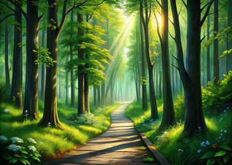 Sunlit Forest Path: Serene Nature Walk in Lush Green Woods