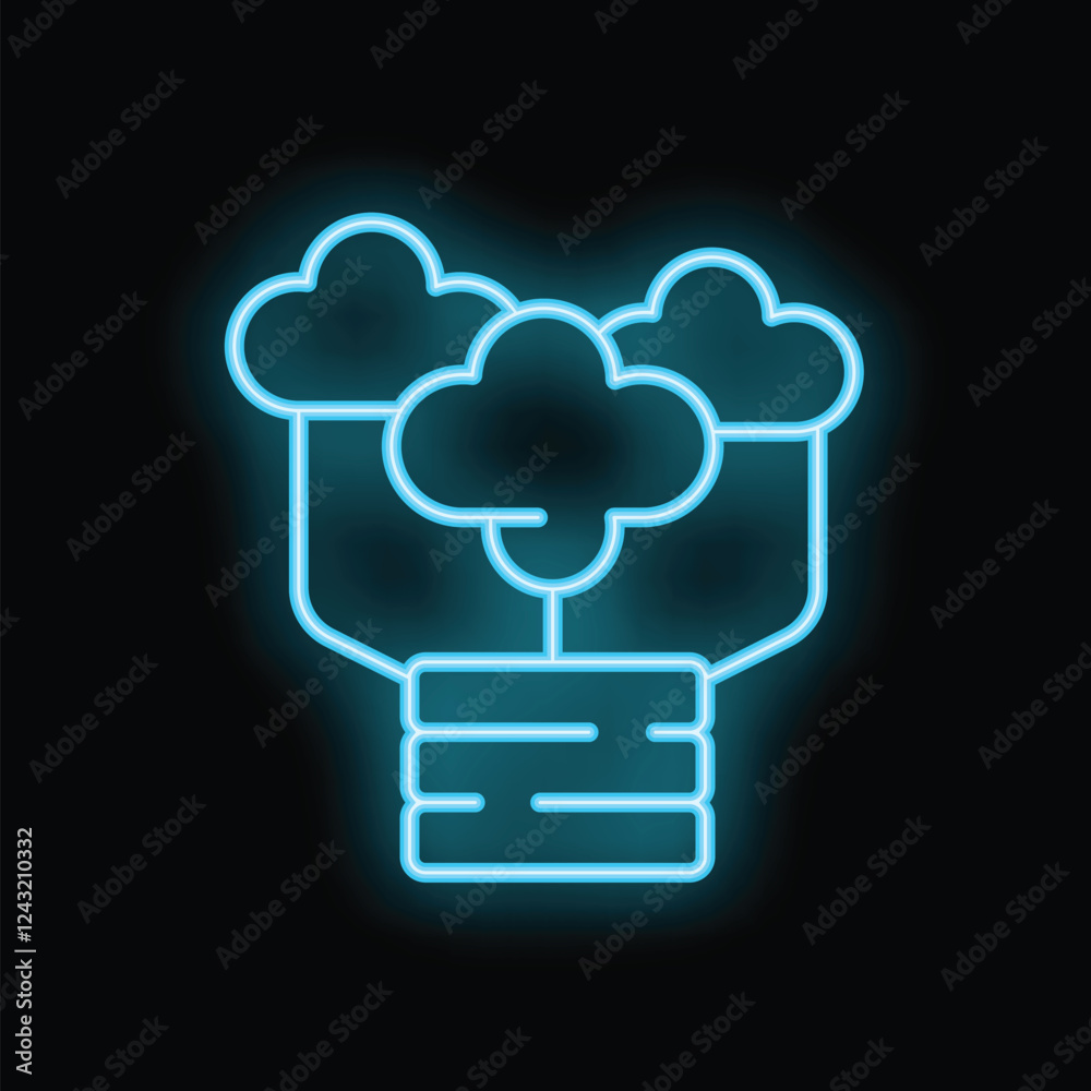 Wall mural blue neon icon of cloud computing symbolising online data storage and processing