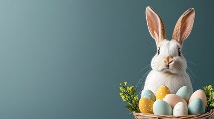 Easter day celebration bunny with pastel tone easter eggs in a charming setting