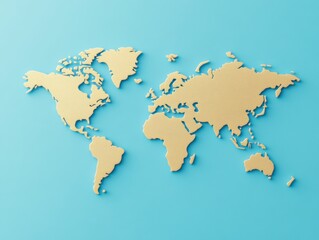 Naklejka premium Stylish 3D map of the world in gold on turquoise background, ideal for travel and geography themed projects.