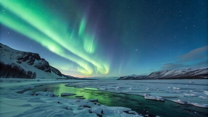 Naklejka premium Winter landscape with mountains, snow, and moon reflecting on the ocean under a cloudy sky